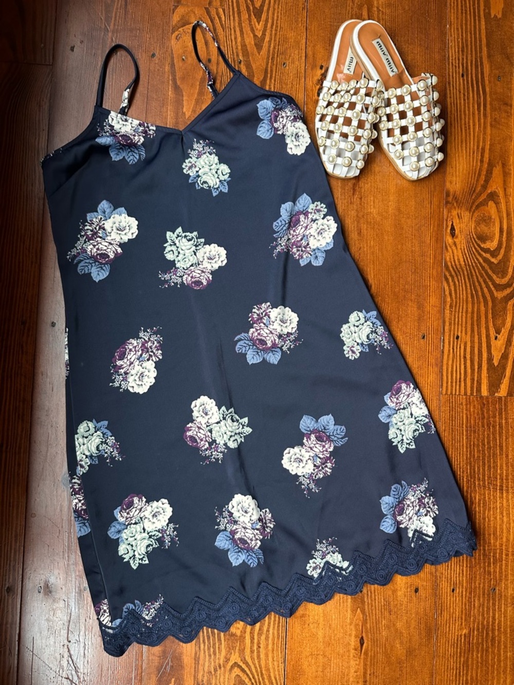 Xhilaration Women’s Navy Floral Slip Dress with Lace Hem